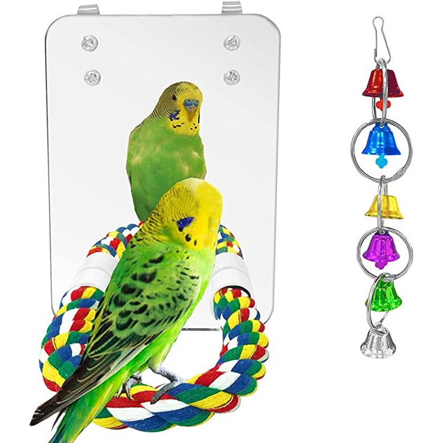 Espejo para pájaros y mascotas de 7 pulgadas, jaula para loros, juguetes con percha de cuerda, espejo para periquito y loro con campana oscilante para pájaros, juguetes para periquito