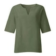 thumbnail image 4 of Moxiu Linen Shirts for Women 3/4 Sleeve V Neck Casual Blouse 2025 Oversized Loose Shirt Comfy Breathable Plus Size Summer Side Split Vacation Tees Tops Army Green,XL, 4 of 5