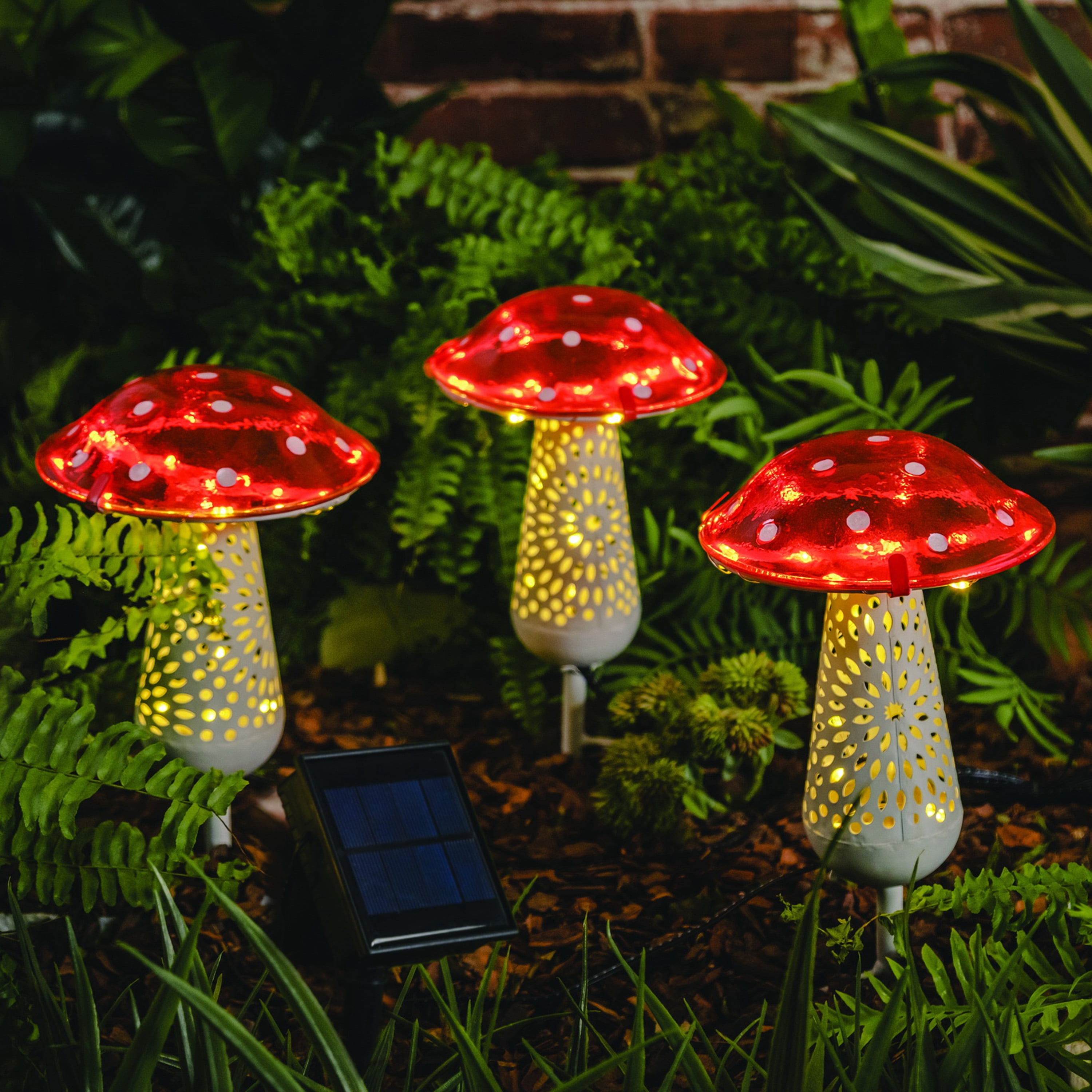 Mainstays LED Solar Mushroom Garden Stakes 3-Pack — Whimsical Cottagecore Fairy Garden Outdoor Decor