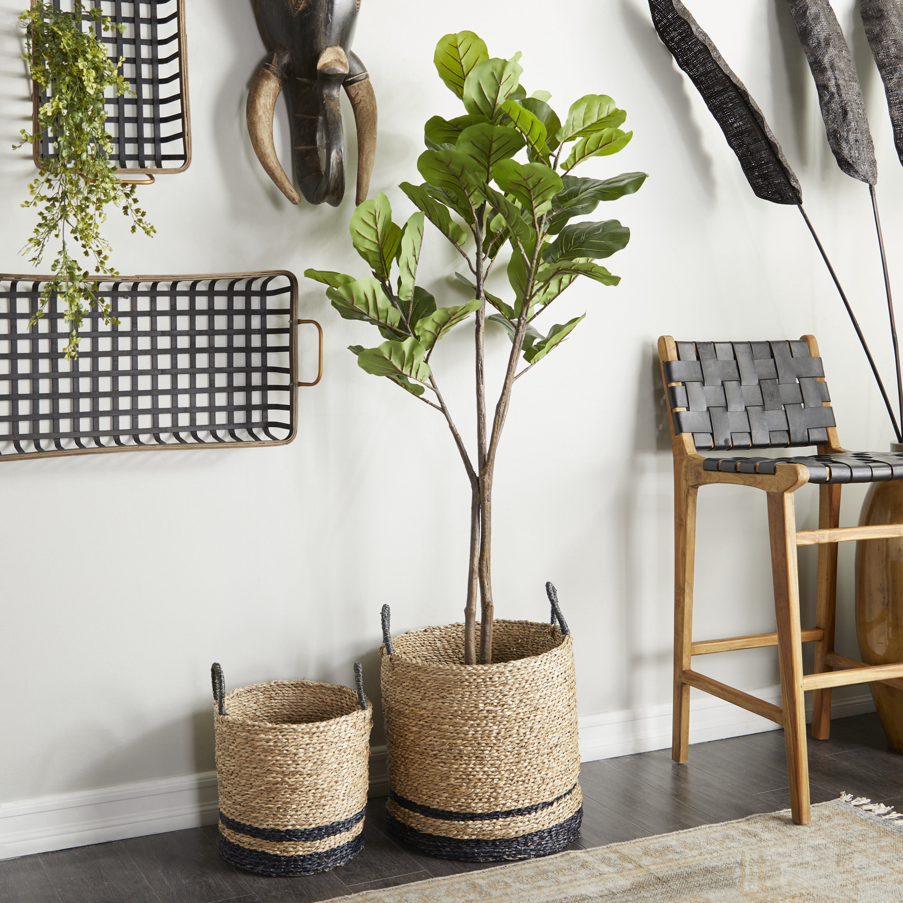 DecMode 63" Artificial Fiddle Leaf Tree in Realistic Leaves and Black Melamine Pot