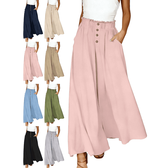 Mifsaly Wide Leg Flowy Pants for Women Smocked Elastic Waist Summer Beach Vacation Lounge Trousers Lightweight Loose Casual Pant with Pockets L