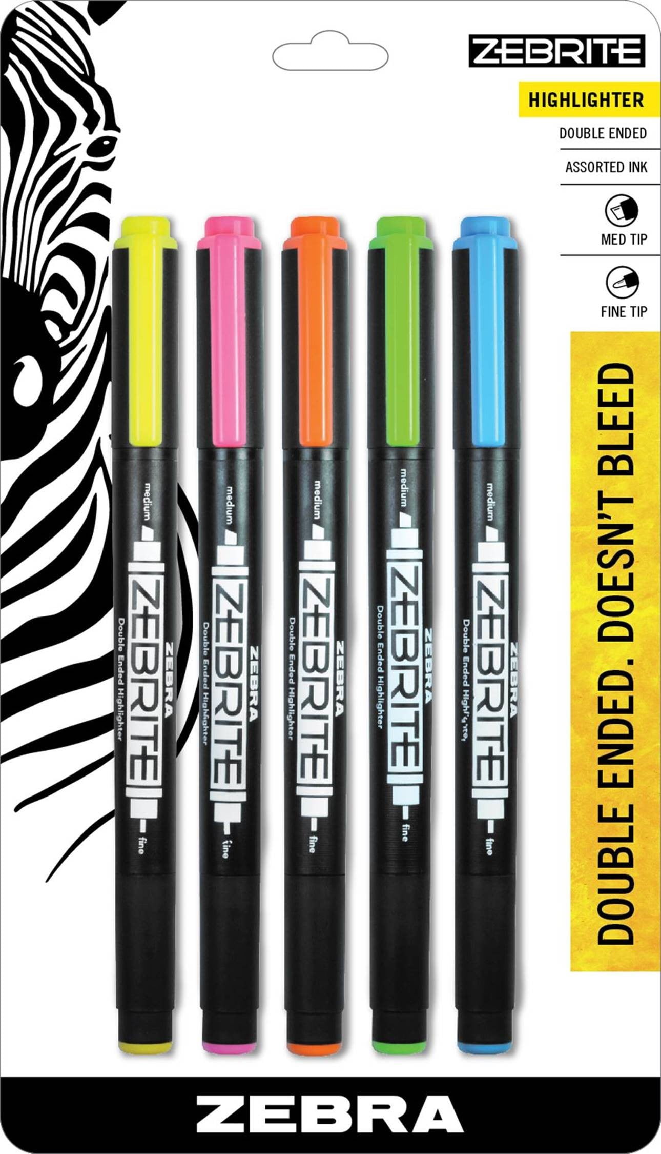 Zebra Zebrite Double-Ended Highlighter, Chisel and Fine Point, Assorted Colors, 5-Count