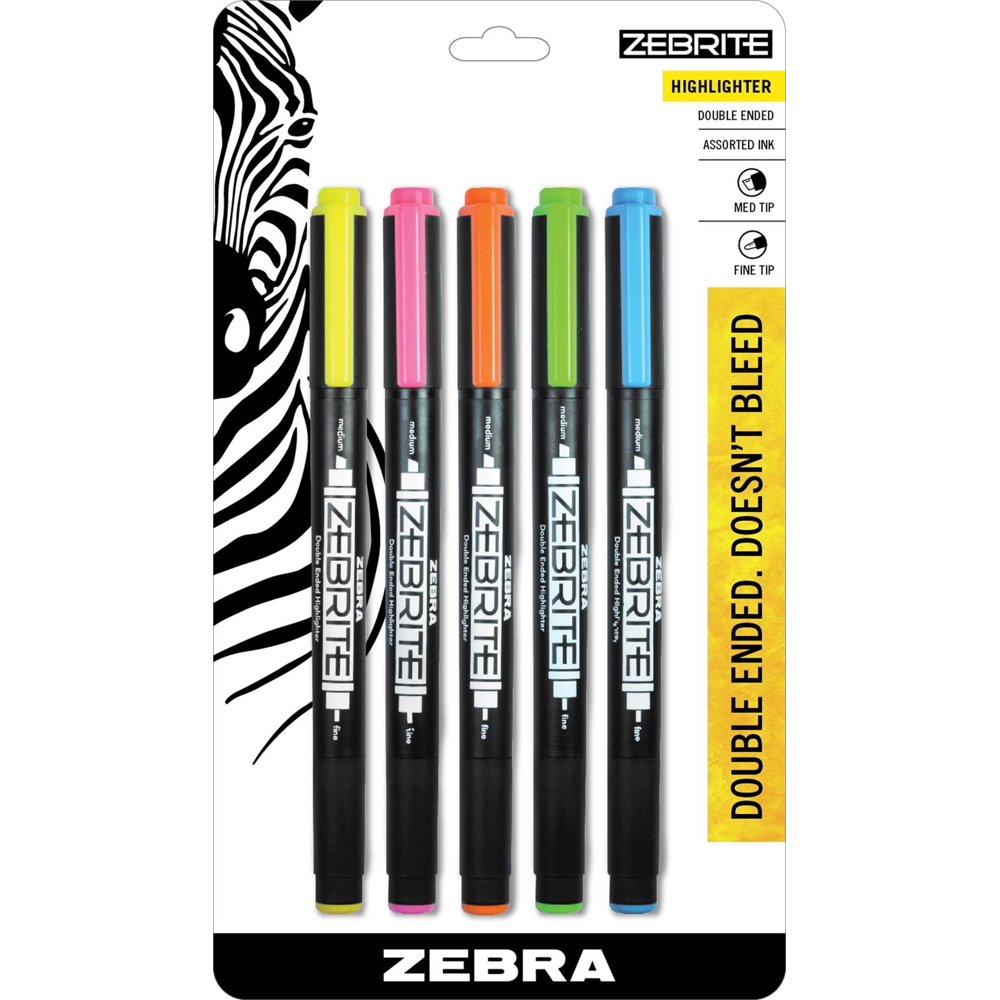 Zebra Zebrite DoubleEnded Highlighter, Chisel and Fine Point, Assorted Colors, 5Count
