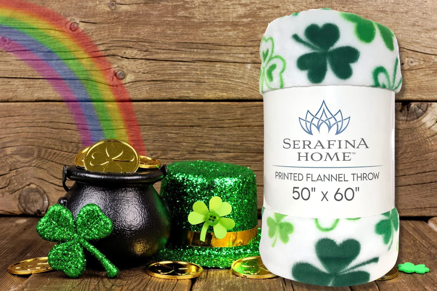 Serafina Home St. Patrick's Day Soft Throw Blanket: Greens of Ireland Four Leaf Clover Shamrock Design 50" x 70"