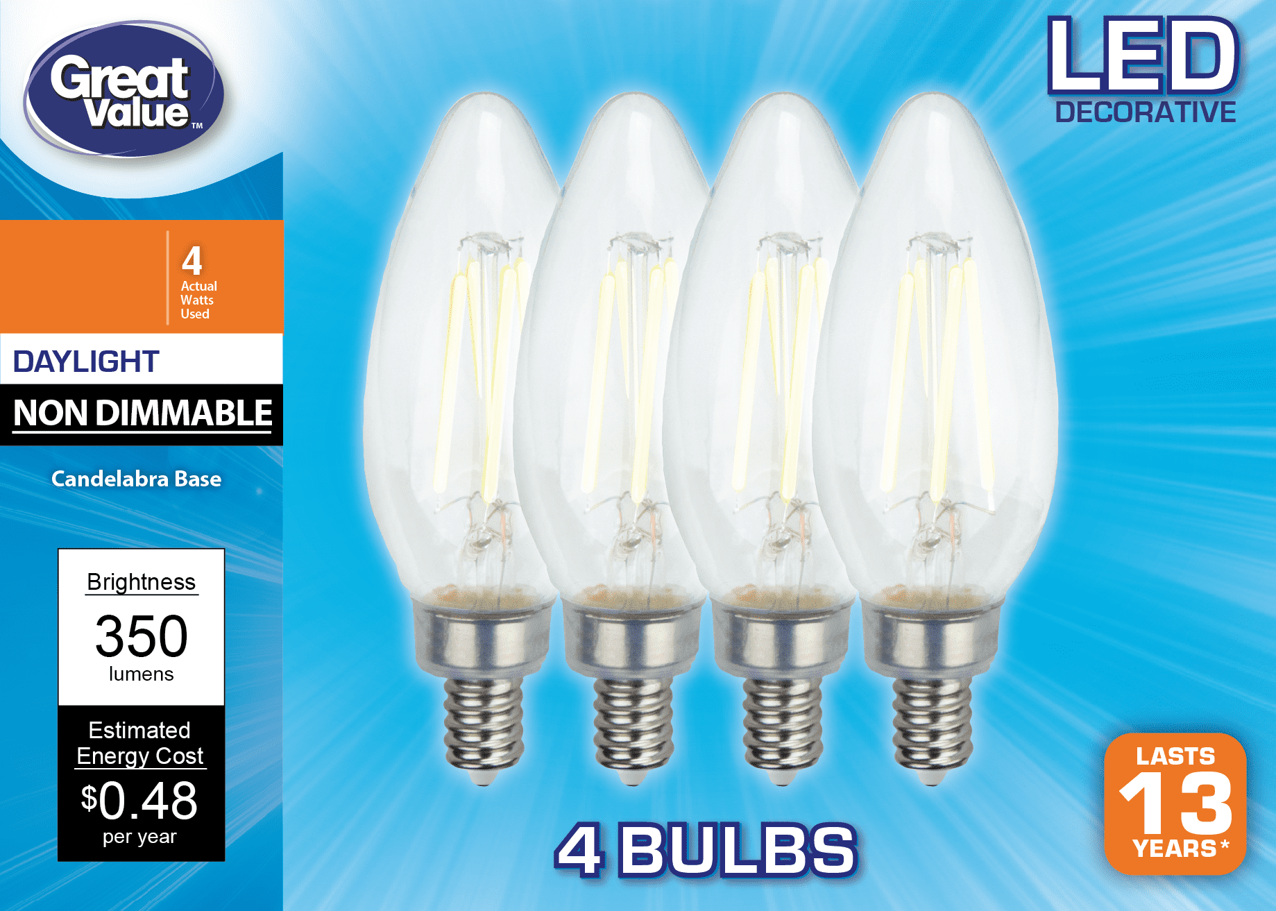 Great Value LED Light Bulb, 4W (40W Equivalent) B10 Decorative Lamp E12