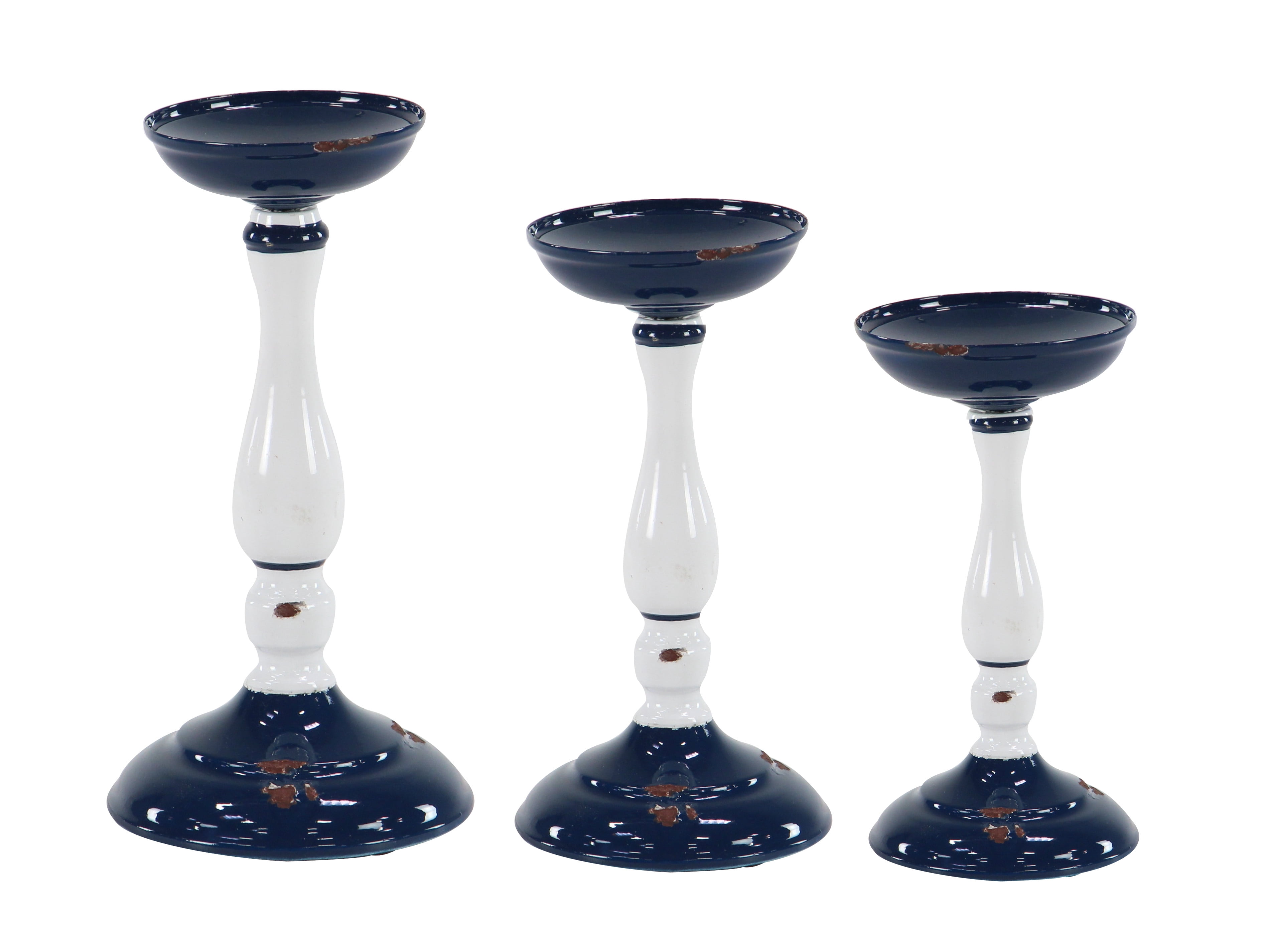 Decmode Rustic 8, 10, And 11 Inch White And Blue Metal Candle Holder - Set of 3