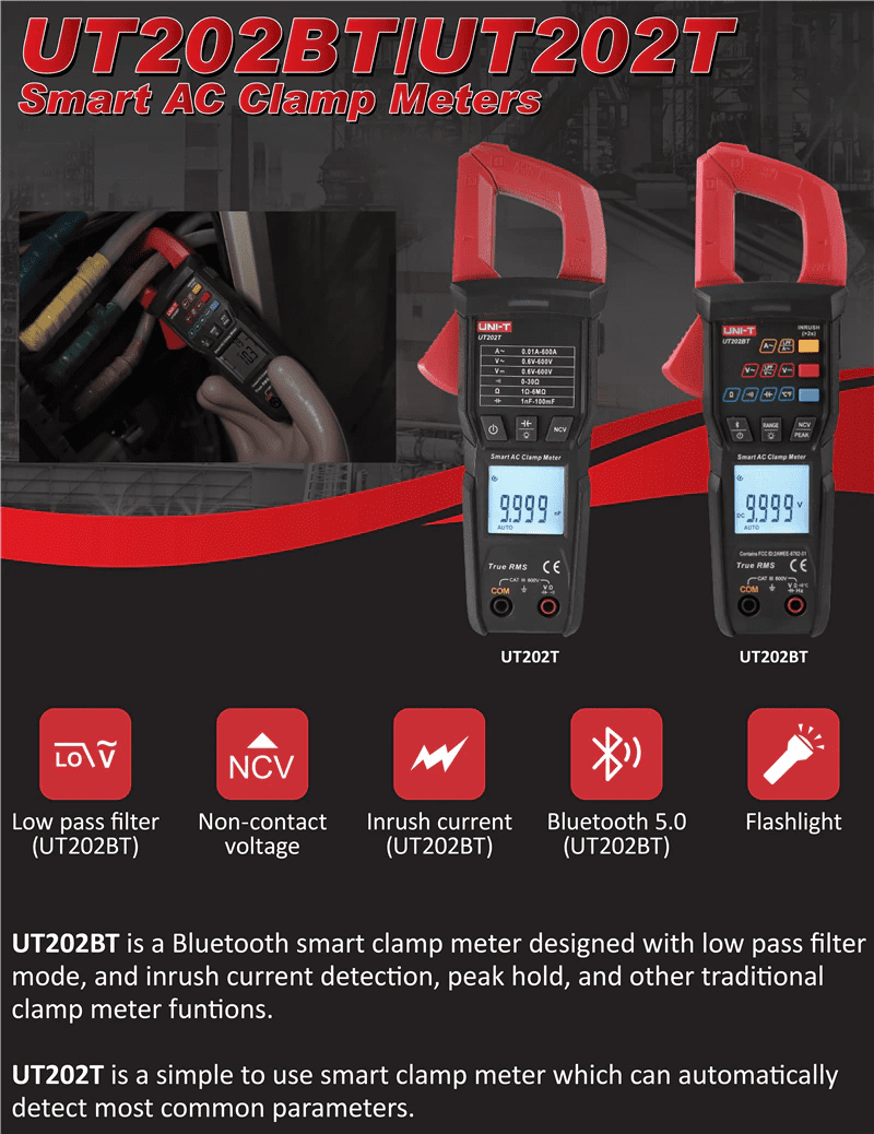 UNI-T Uni-trend Multimeter clamp meter UT202BT Digital clamp meter 600A DC Current Pliers Ammeter Voltage Tester Temperature Frequency Meter Auto Range(UT202BT)