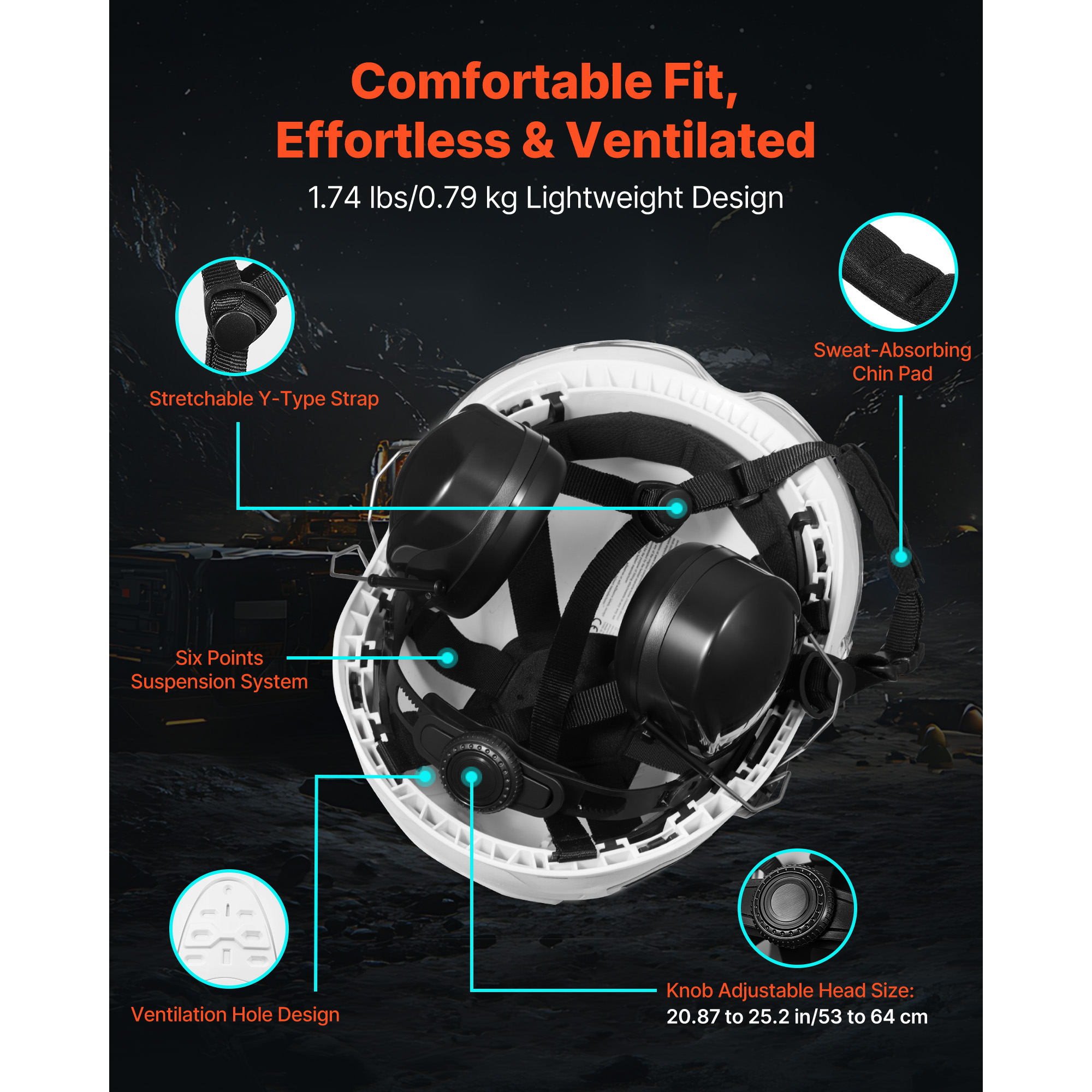 KFFKFF Industrial Safety Helmet, ANSI/ISEA Z89.1 Certified ABS Hard Hat with Visor & Earmuffs, 6-Point Adjustable Suspension, Vented Design for Men & Women, Suitable for Outdoor Construction Work