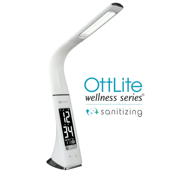 OttLite Thrive LED Sanitizing Desk Lamp with Clock and USB Charging - Eliminates up to 99.9% of Bacteria, Touch Activated, Flexible Neck, Modern Light for Reading, Crafting & Office Desktop