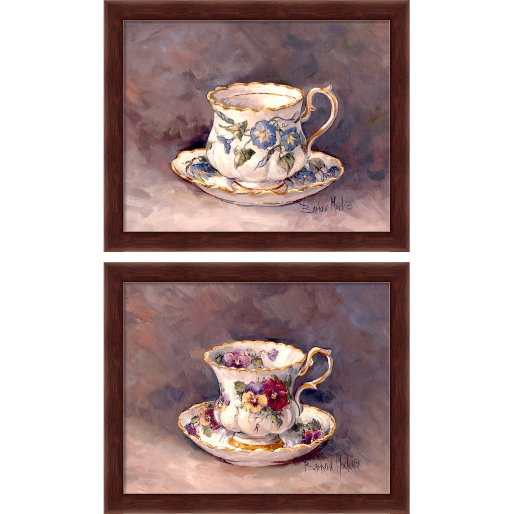 Morning Glory and Pansy Teacup Framed Print Set with Mahogany Frame