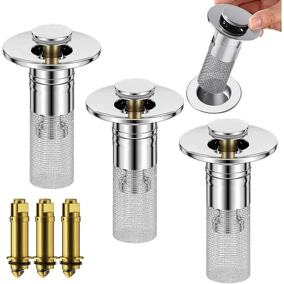 3PCS Bathroom Sink Stopper Pop up Hair Catcher for 1.1-1.3in Hole 2 in 1 Universal Bathroom Sink Drain Strainer Filter with Removable Stainless Steel Strainer Basket Bath Floor Sinks Stopper