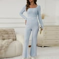 thumbnail image 5 of Women Ribbed Lounge Set Long Sleeve Crop Top and Flare Pants 2 Piece Pajama Set Soft Knit Sleepwear Outfits, 5 of 6
