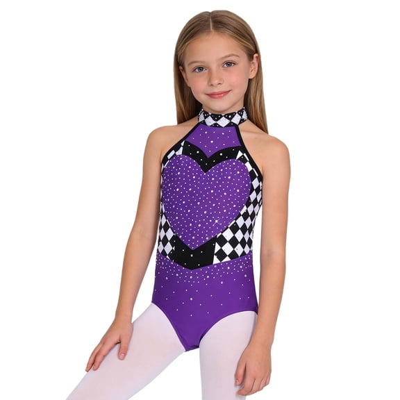 TiaoBug Gymnastics Leotards for Girls Sleeveless Checkered Rhinestones Heart Queen Dress Up Bodysuit Dancewear Purple 16