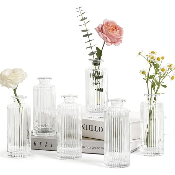Small Vase, Mini Transparent Glass Flower Bud Bottle Wholesale, Mini Vase, Center Decorative Vase, Ribbed Vase Set, Wedding Desktop Center Decoration (Transparent)