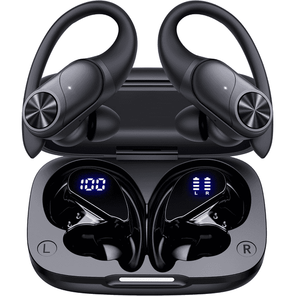 PocBuds Bluetooth Headphones Wireless Earbuds 80hrs Playtime Wireless Charging Case Digital Display Sports Ear Buds with Earhook Deep Bass IPX7 Waterproof Over-Ear Earphones for TV Phone Laptop Black