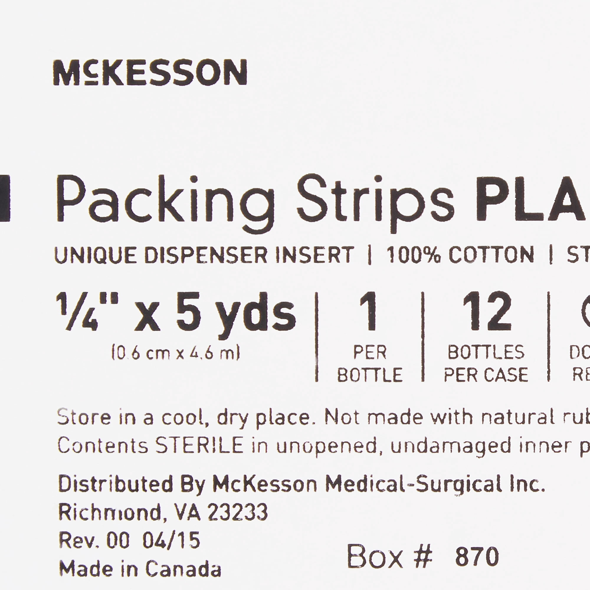 McKesson Wound Packing Strip, Sterile Cotton Gauze Strip, 1/4 in x 5 yd, 12 Ct