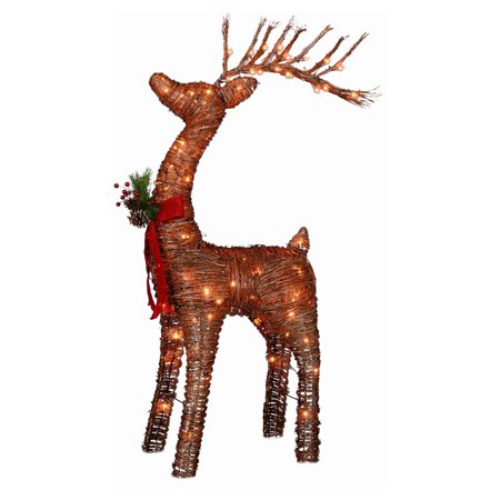 Northlight Lighted Standing Rattan Reindeer with Red Bow Yard Art ...