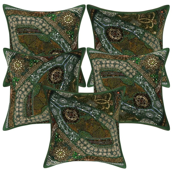 Stylo Culture Ethnic Cotton Home Decor Throw Pillow Sham Covers Green 16 x 16 Bohemian Beaded Sequins Patchwork Embroidered Couch Cushion Covers 40x40 cm Decorative Square Pillow Cases | Set Of 5