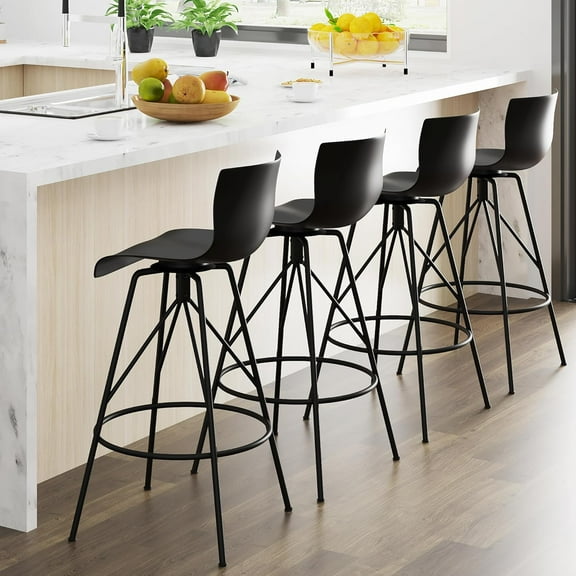 Awonde 24" Swivel Bar Stools Set of 4 Modern Black Barstools with Backs Kitchen Counter Height Bar Chairs Plastic Seat Metal Legs
