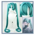 thumbnail image 2 of Peluca de Hatsune Miku para fiesta de cosplay, con 2 coletas largas y rectas, 2 of 4