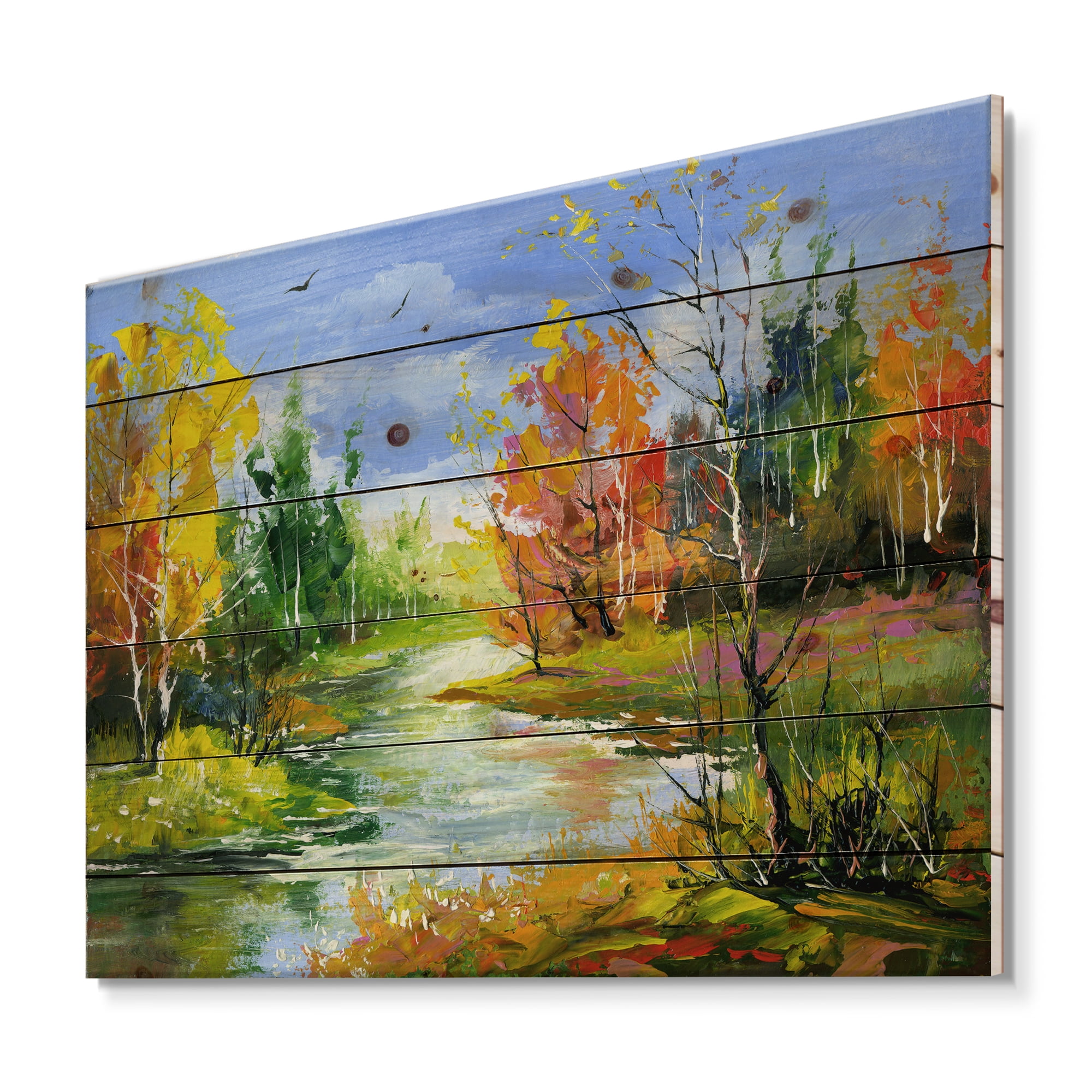 Designart 'Autumn Landscape With Forest and River' Lake House Print on Natural Pine Wood