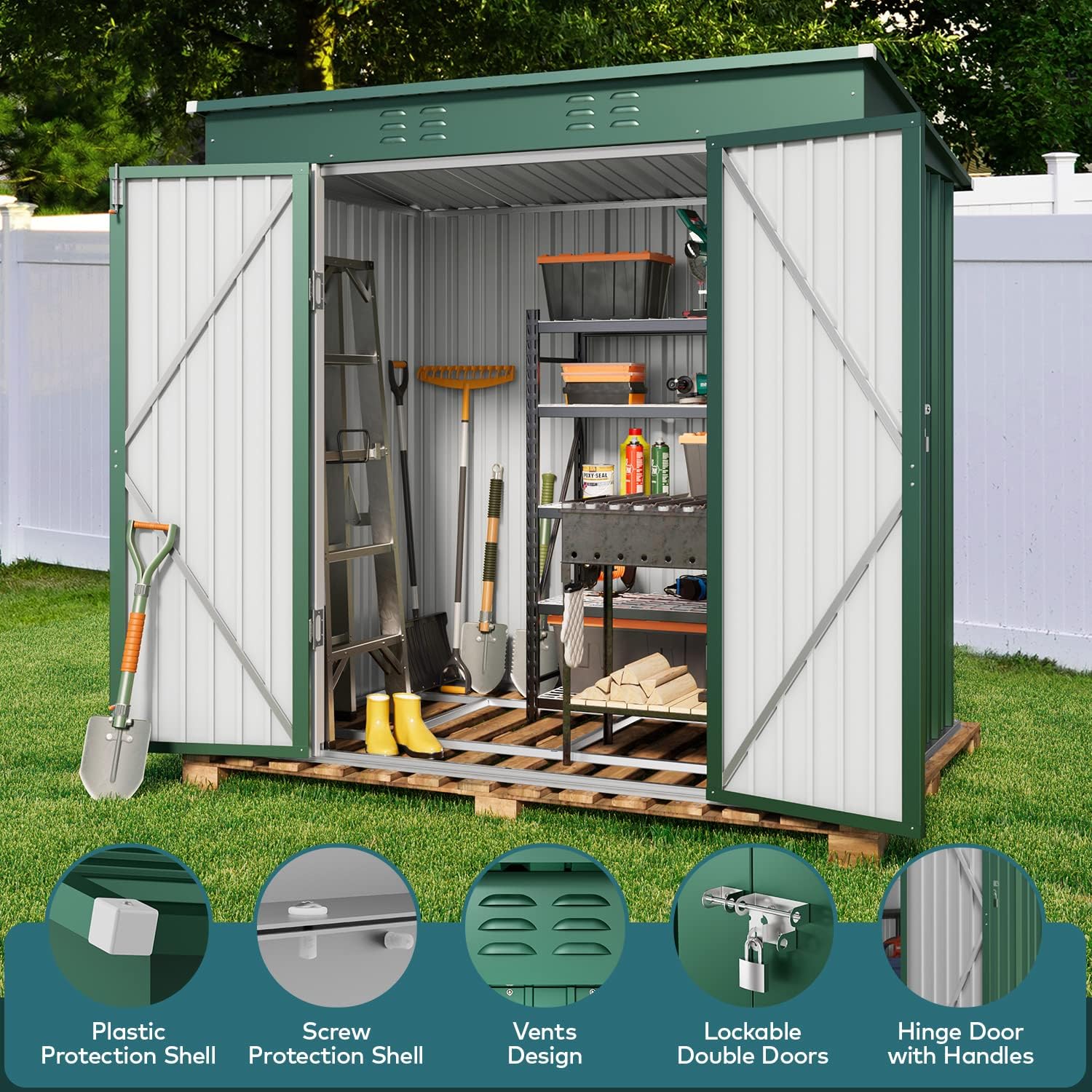 Outdoor Storage Shed, 6' x 4' Outdoor Storage Shed Clearance for Backyard Patio Lawn, Waterproof Metal Shed Outdoor Storage with Double Lockable Doors and Base Frame, Green - image 4 of 8