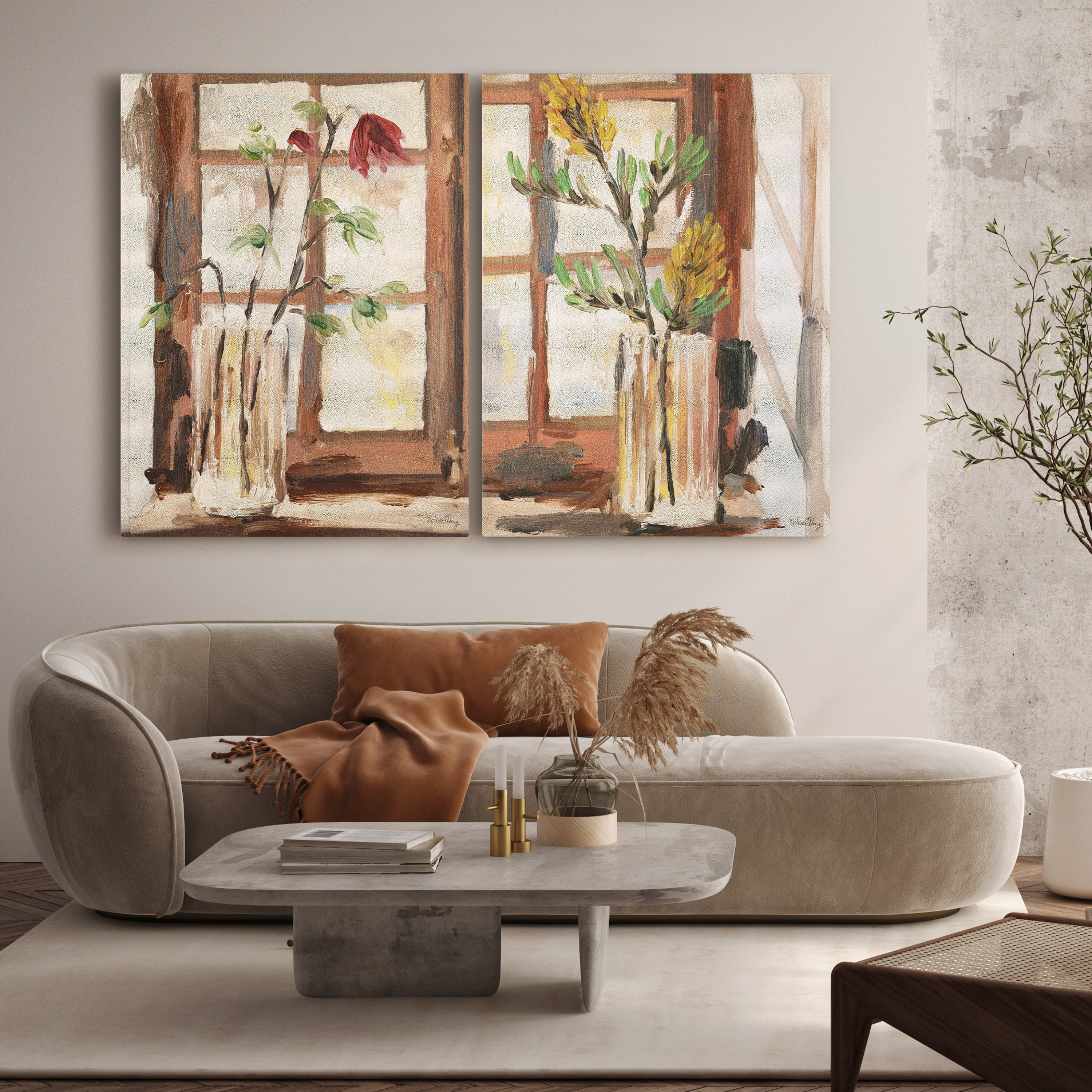 "Timeless Serenity I & II" Vase by the Window on Gold Metallic Shagreen Wrapped Canvas Wall Art Set, each sized 48"x36"