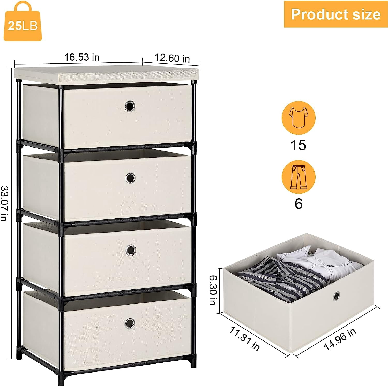 Fabric Storage Dresser 4 Drawers Storage Organizer, White