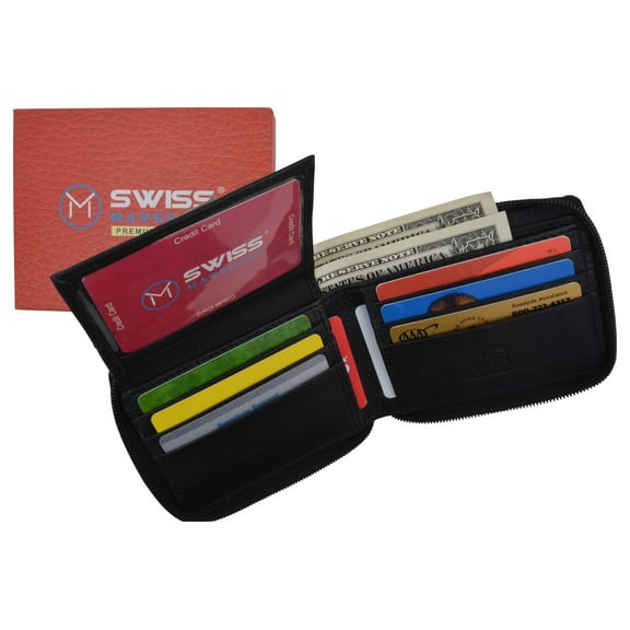 Men's Zipper RFID Blocking Premium Leather Zip-Around Credit Card ID Bifold Black Wallet Box
