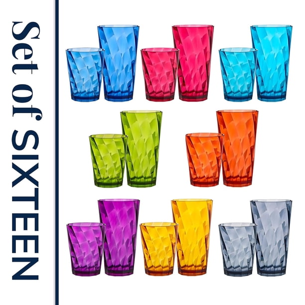 US Acrylic Optix - Vasos reutilizables de plástico (juego de 16) rocas de 14 onzas y tazas de agua de 20 onzas en colores de tono joya, vasos sin BPA, fabricados en Estados Unidos, aptos para,1