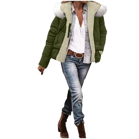Uaswgudfs Women's Puffer Jacket with Removable Faux Fur Hood, Long Sleeve Fleece-Lined Winter Coat with Pockets - Casual Outerwear Green L