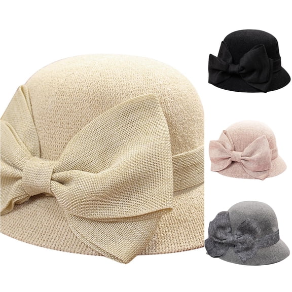 Xijirk Womens Knit Straw Cloche Hat with Large Bow Hat for Beach Wedding Party Outdoor Travel Daily Wear,Beige,One Size