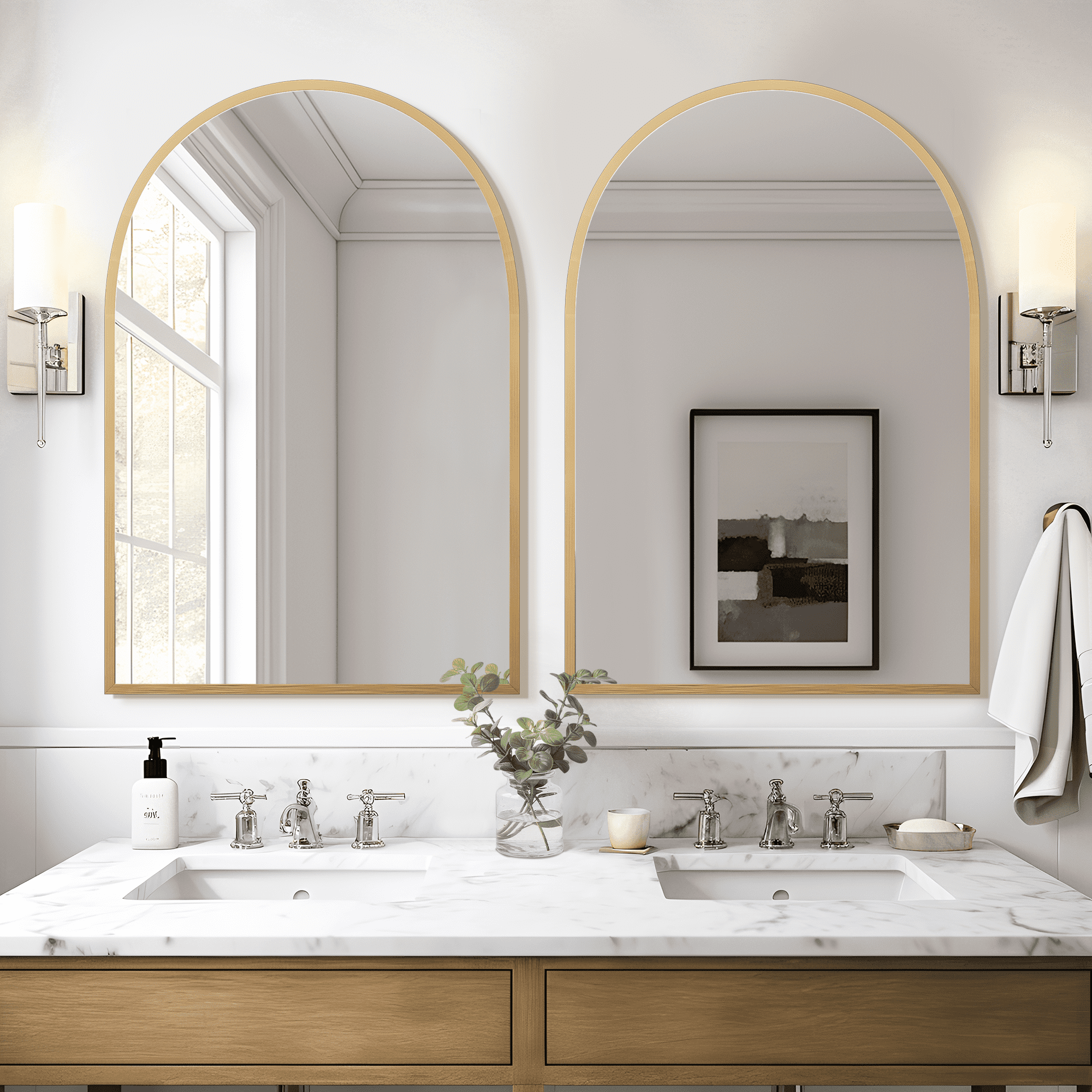 MAYEERTY 36"×24" Gold Aluminum Slim-Frame Arched Wall Mirror Lightweight, Easy Installation for Any Room