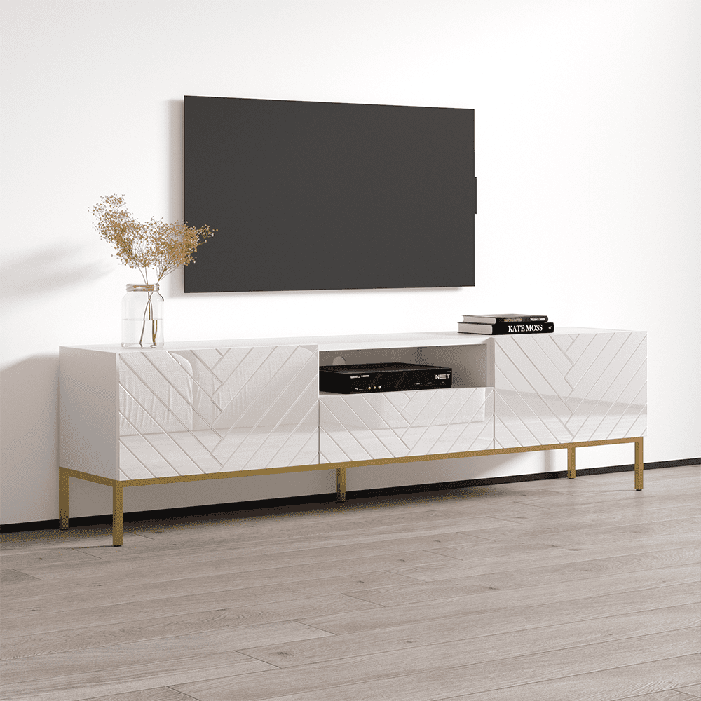 Gala 01 TV Stand for TVs up to 85", Mid-Century Modern High Gloss 75" Entertainment Center, TV Media Console with Storage Cabinets