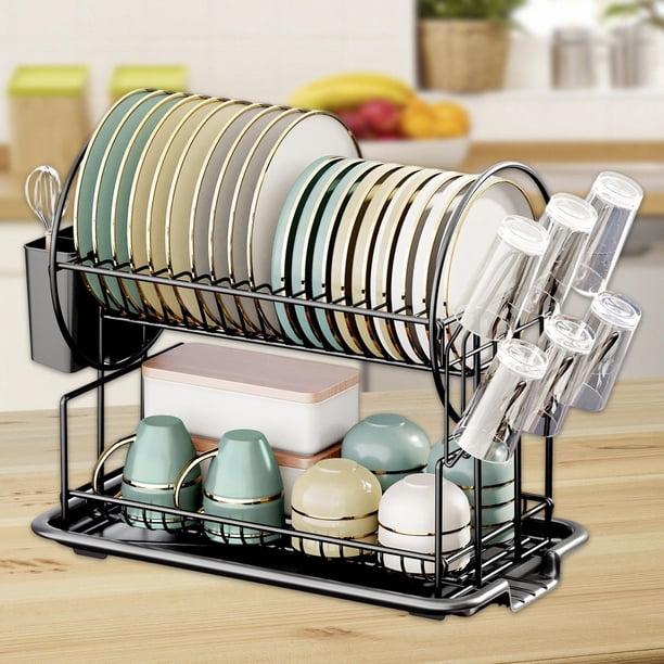 Organizador de escurridor de platos premium, práctico, de gran capacidad, de 2 niveles con soporte para utensilios, escurridor de platos para encimera Grande