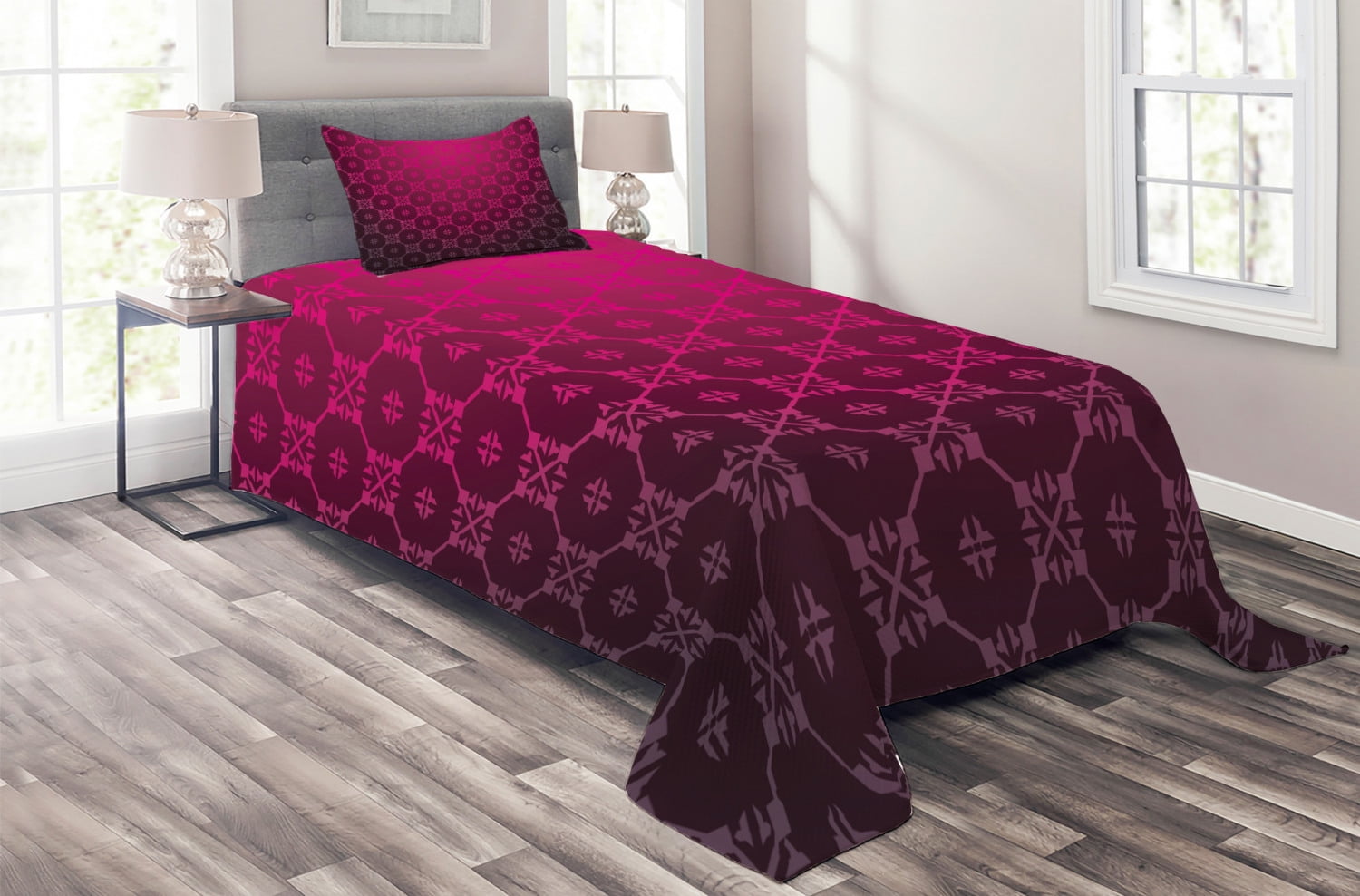 Magenta Coverlet Set, Medieval Style Endless Bound Square Shaped