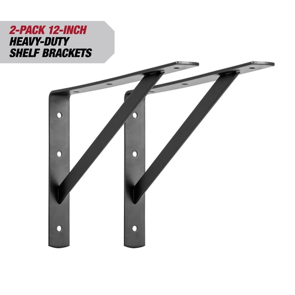 Hyper Tough Heavy Duty Shelf Bracket, Steel, 12 inch, Black, 2-Pack