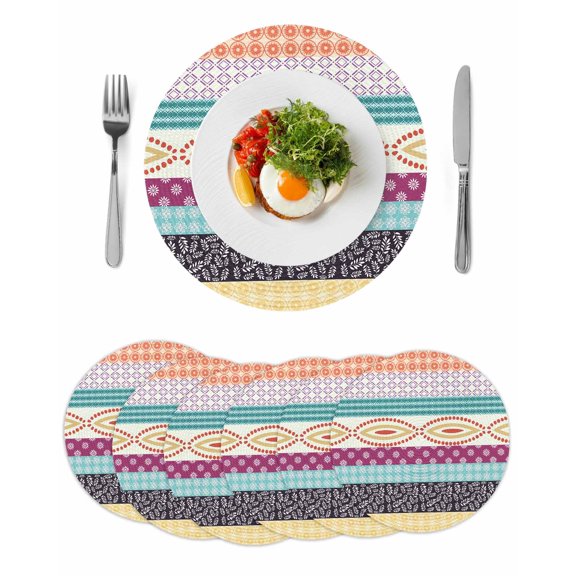 Bohemia Ethnic Round 13 Inch Placemats Set of 6, Boho Tribal Teal Orange Purple Stripes Leaves HeatResistant Non Slip Place Mats for Dining Table, Wipeable Braided Kitchen Table Mats for Housewarming