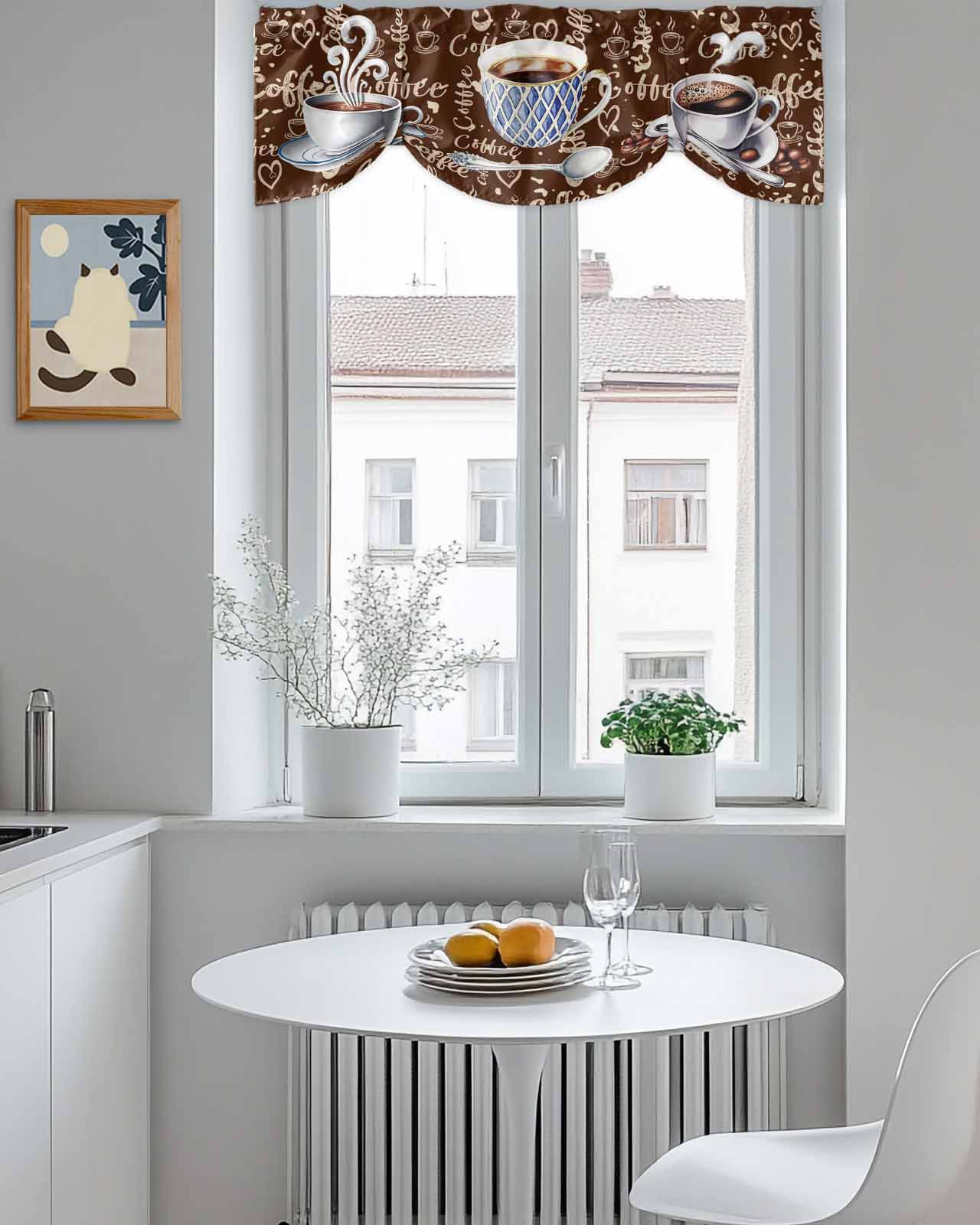 Coffee Latte Beans Tie Up Valances Curtain, Adjustable Kitchen Sugar Retro Brown Valances for Windows Decor, Rod Pocket Short Curtains Set for Bedroom/Bathroom, 54"x18"