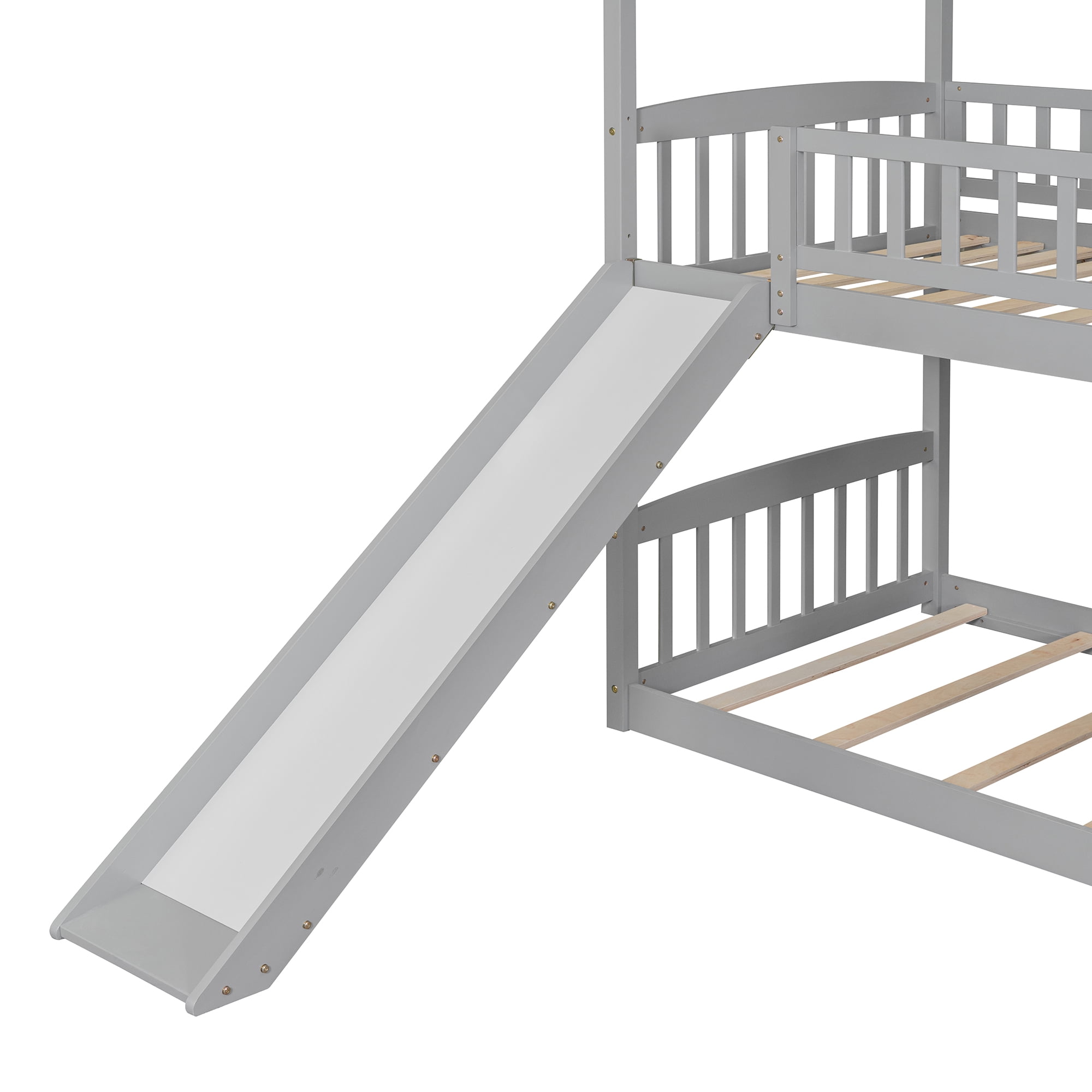 Aukfa Twin over Twin Bunk Bed with Slide, Floor Bunk Bed for Kids, Boys and Girls, House Top, Wooden - Gray