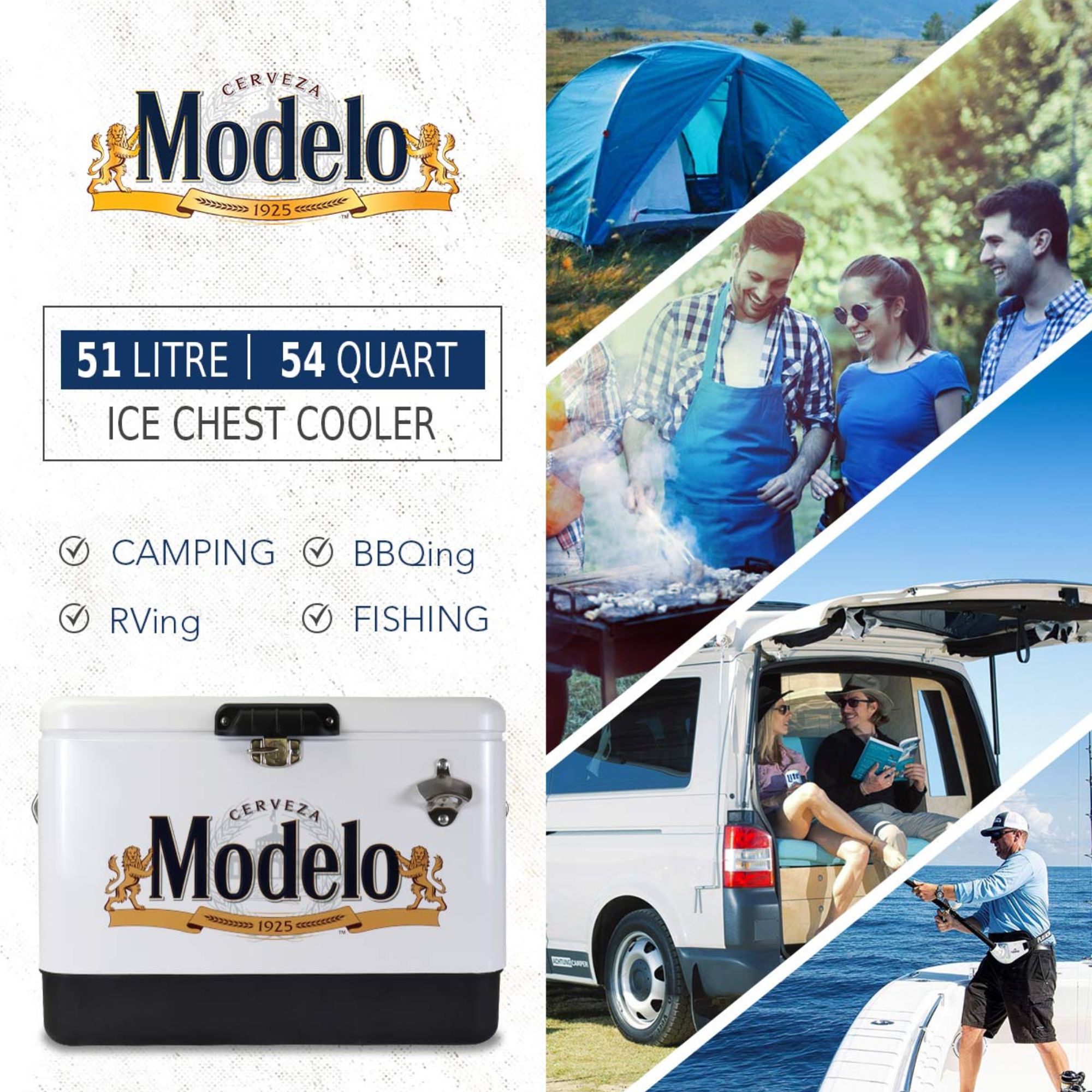 Modelo Ice Chest Beverage Cooler with Bottle Opener, 51L (54 qt), 85 Can Steel-Belted Portable Cooler, White and Black, for Camping, Beach, RV, BBQs, Tailgating, Fishing