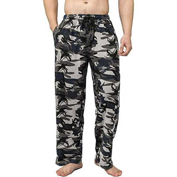 Bintangor Men Pajama Sleep Pants 100% Cotton Knit Lounge Wear Long Camouflage Blue M