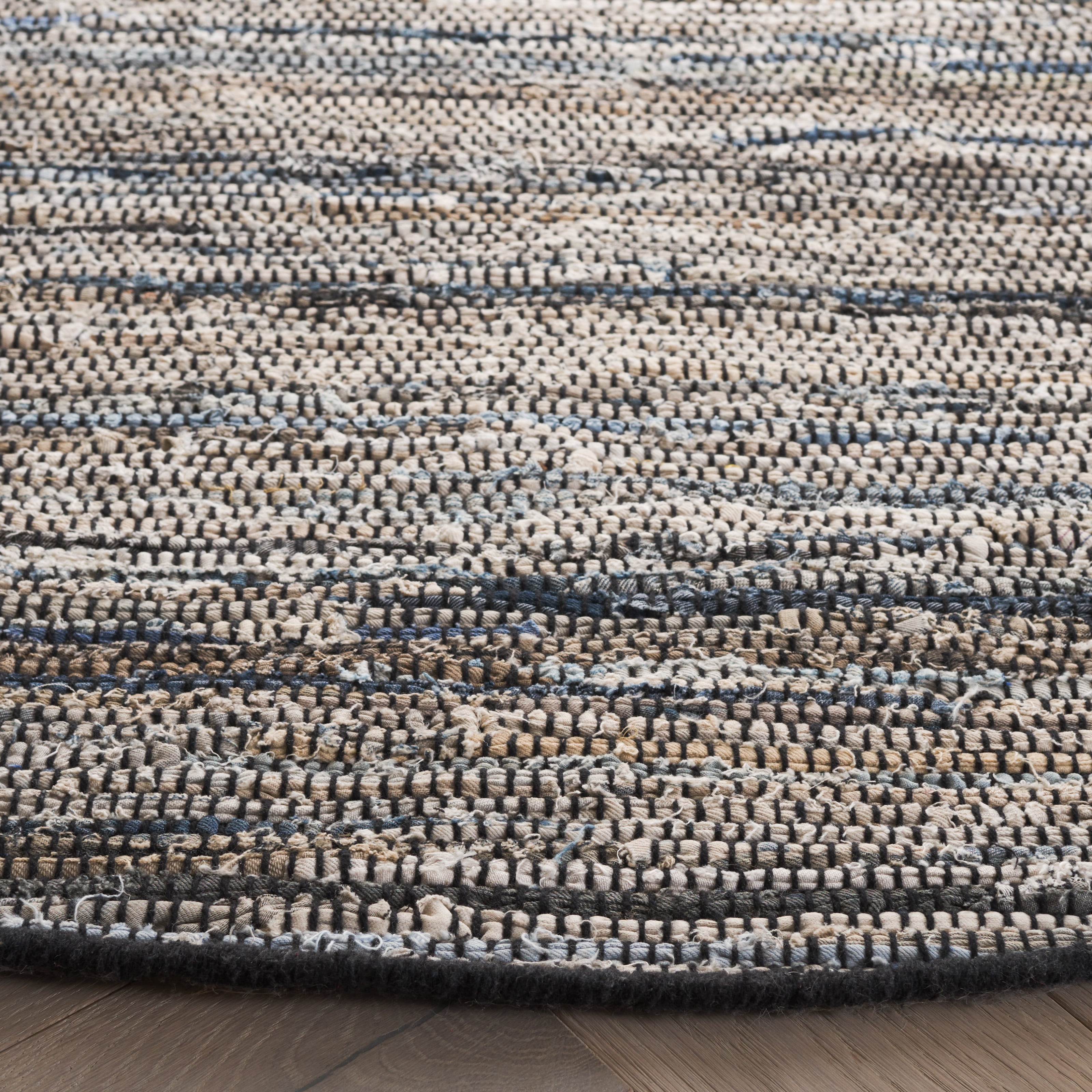 SAFAVIEH Rag Rug LACEWORK Distressed Area Rug, Light Blue/Black, 6' x 6' Round