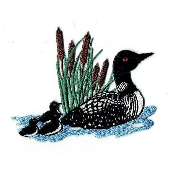 Divers Loon in Cattails - Bird/Chicks in Water - Iron on Embroidered Patch Applique