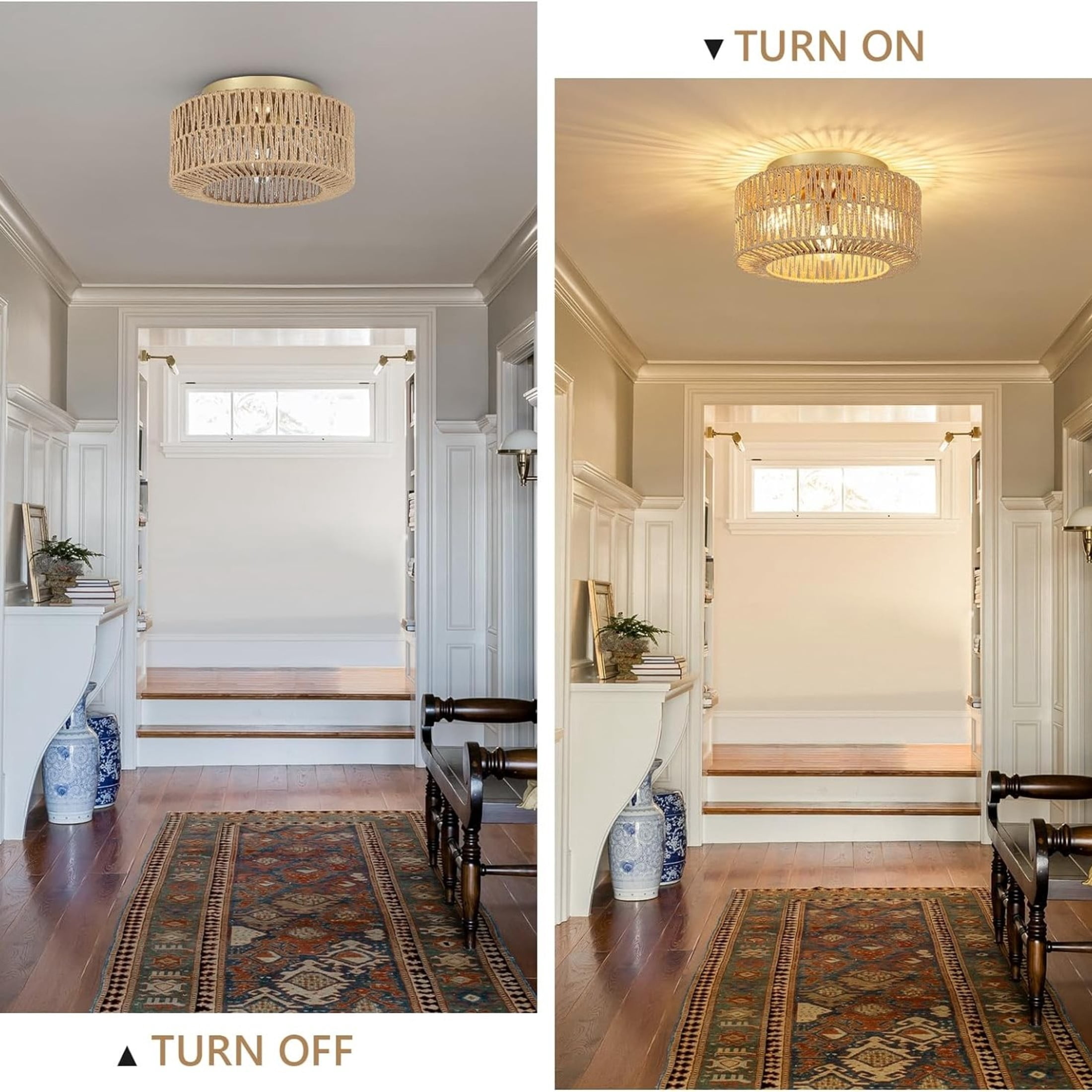 Noble House 12" Boho Rattan Flush Mount Ceiling Light, 3-Light Woven Fixture for Bedroom & Kitchen, Natural and Gold