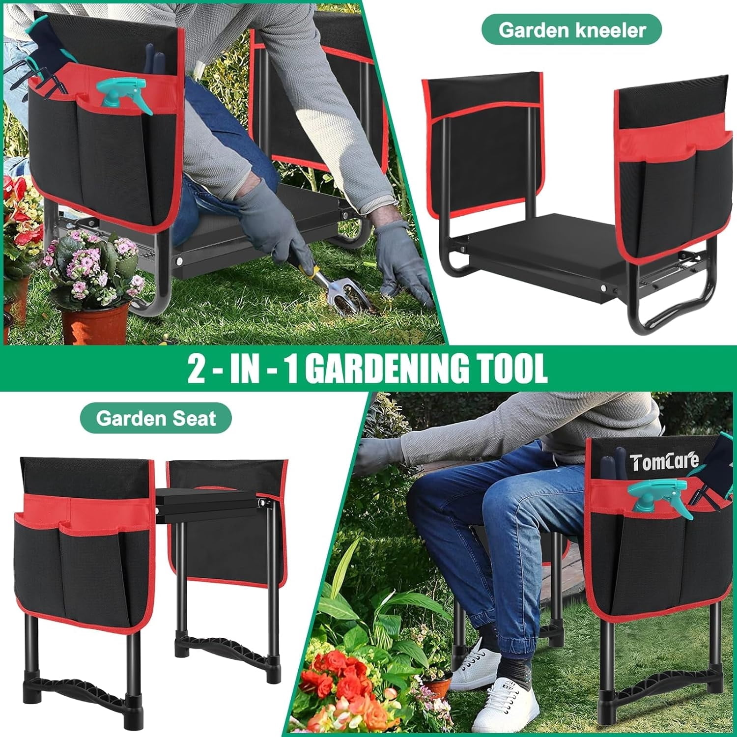 Garden Kneeler and Seat 10.64” Wider Larger Soft Kneeling Pad Garden Bench with 2 Large Tool Pouches Heavy Duty Garden Stool Foldable Tools Gardening Gifts for Women Men Gardeners