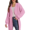 thumbnail image 2 of Women's Mid-Length Knit Cardigan, Solid Color Open Front Sweater, Long Sleeve Pocketed Coat, Soft Casual Outerwear, Autumn Winter Layer Pink M, 2 of 4