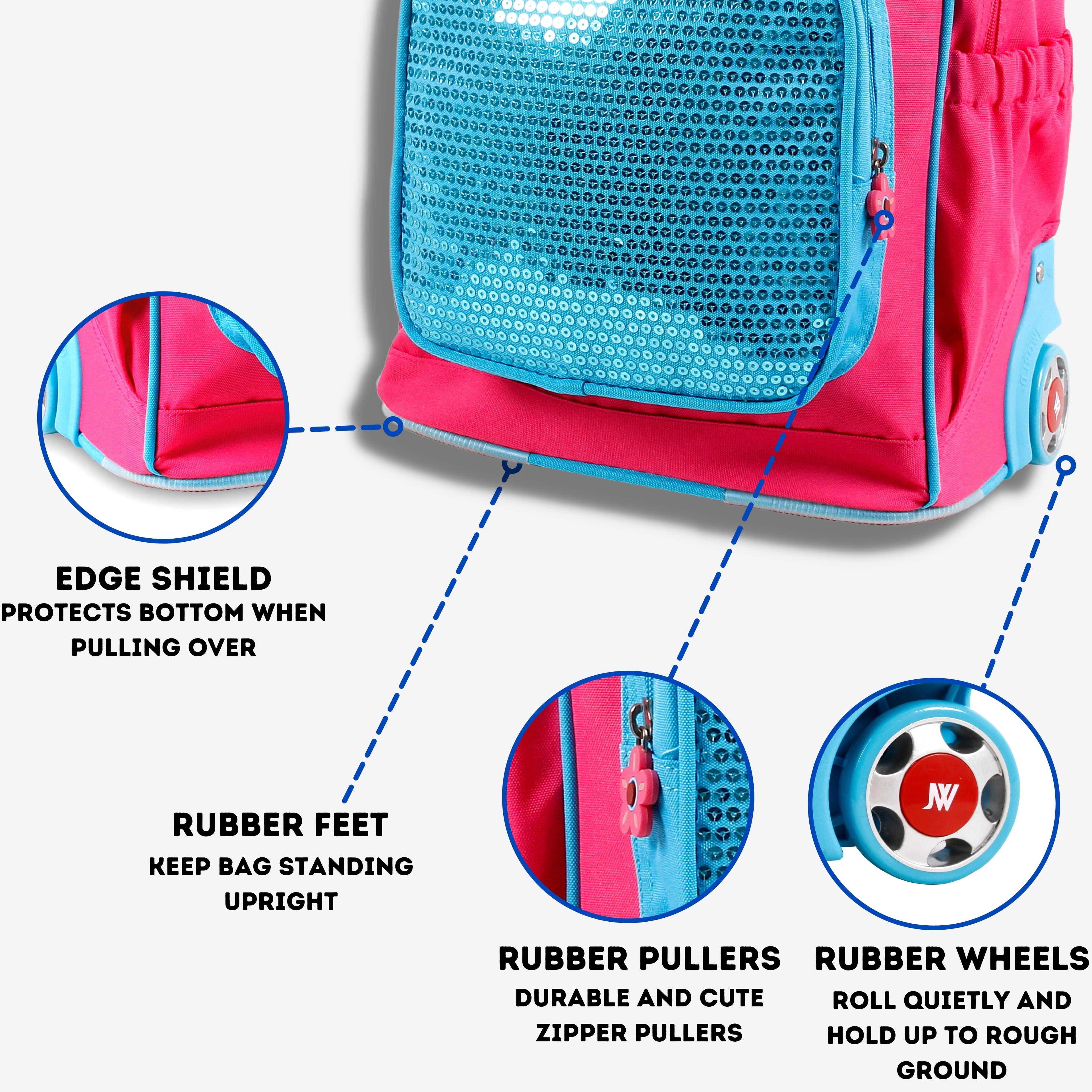 J World Girls Sparkle 15" Kids Rolling Backpack for School and Travel, Pink