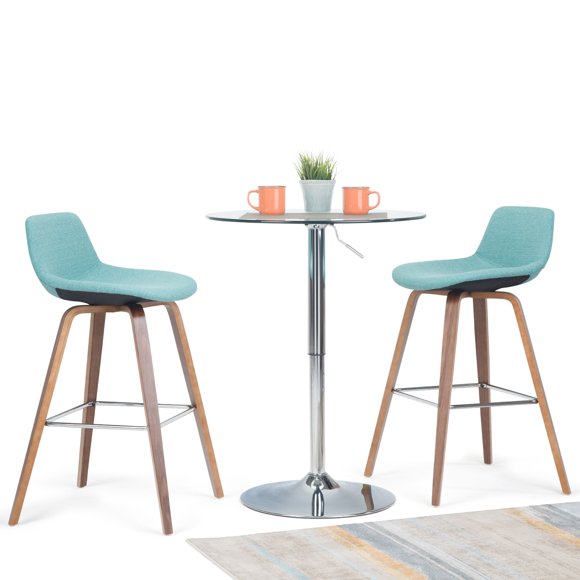 SIMPLIHOME Randolph Mid Century Modern Bentwood Counter Height Stool (Set of 2) in Aqua Blue Linen Look Fabric