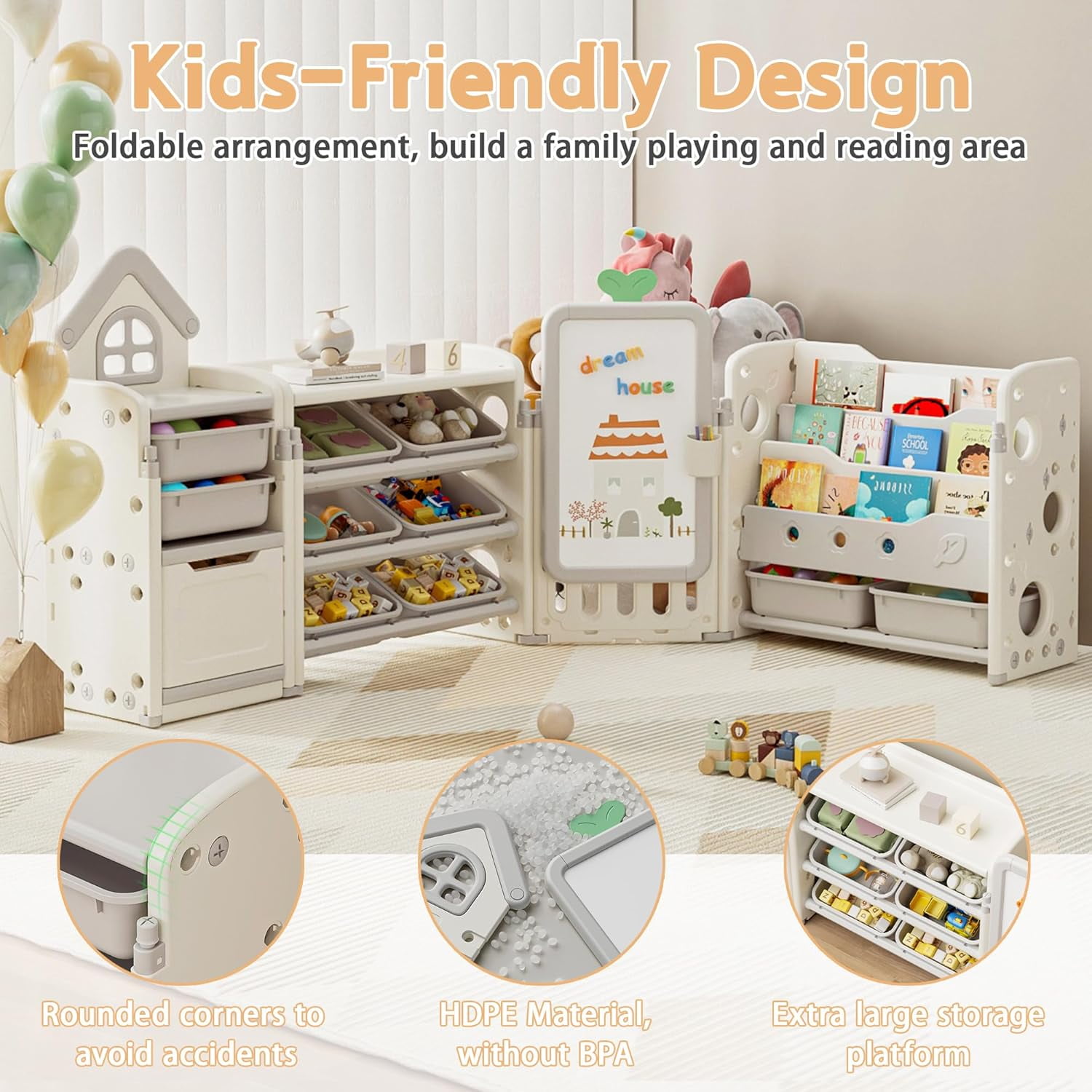 Kids Toy Storage Organizer with 3-Tier Bookshelf, NEORIVER Collapsible, 87.4W x 12.6D x 35.8H", with Removable Bins, Drawing Board & 3 Brushes